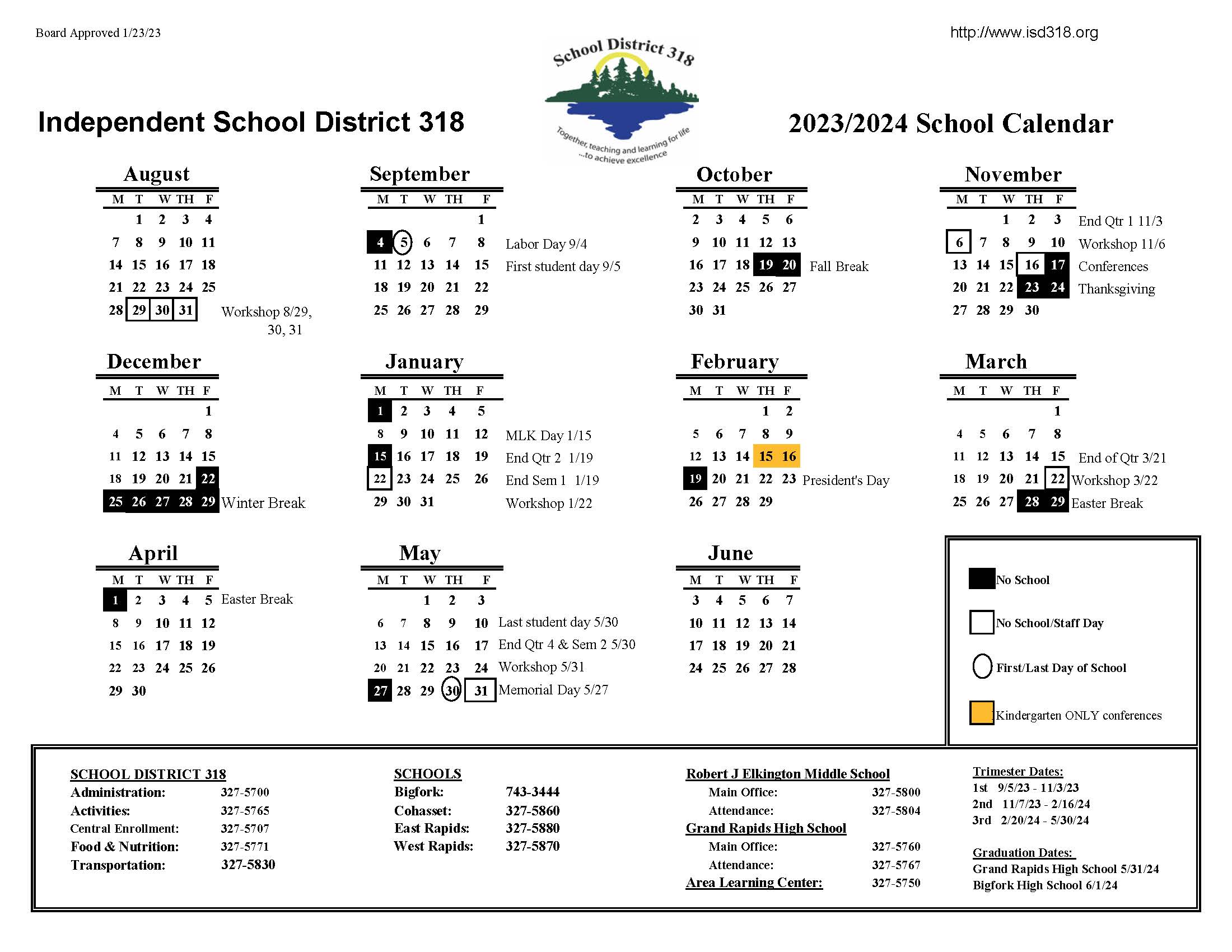 2023-2024 ISD 318 School Calendar